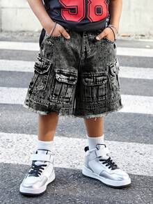 SHEIN Tween Boy Casual Washed Distressed Cargo Denim Shorts,Kids - Black - View 3