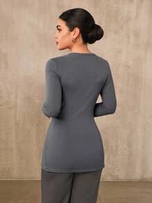 Graceveil Women's Elegant Gray Autumn Long Sleeve T-Shirt,Ruched Pleated Split Hem Ribbed Top,Casual Solid Thermal Clothes For Brunch,Winter Longline Jersey - Grey - View 4