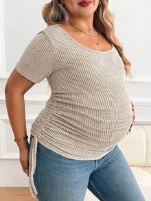 Plussiva 孕妇加大码纯色圆领短袖侧抽绳上衣 - 杏色 - 查看 4