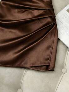 Franclia Fashionable V-Neck Sleeveless Pleated Waist Irregular Bodycon Dress, Women's Satin Dress, Spring/Summer Women's Dress, Women's Elegant Party Dress, Women's Vacation Outfit, Women's Valentine's Day Outfit, Women's Brown Dress, Women's Sexy Dress, Women's Sleeveless Dress - Apricot - View 4