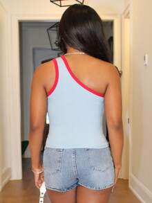 Steph T Top ajustado casual sin mangas con estampado de letras para salir, top tubo - Azul - Ver 2