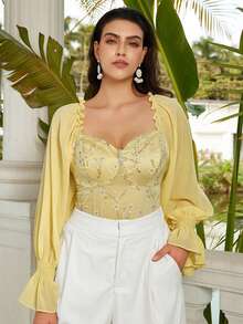 VOLUPTÉ CURVE Plus Size Spring/Summer Light Yellow Lace Mesh Tulle Square Neck Long Sleeve Waist-Cinching Ruffle Embroidery Short Sweet Top For Date, Party - Yellow - View 5