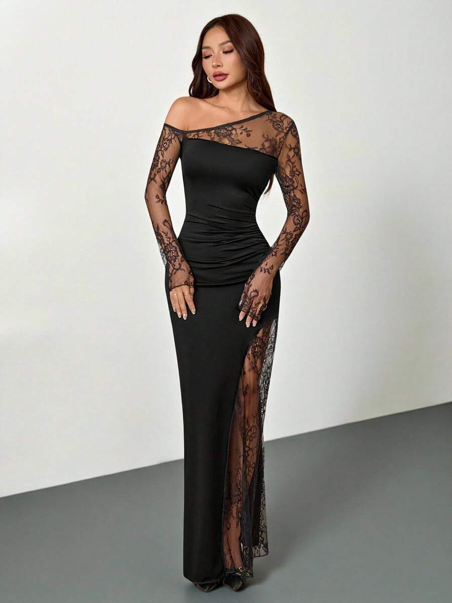 SHEIN PETITE 优雅浪漫约会之夜派对撞色蕾丝不对称下摆修身长裙，黑色长袖无肩带，适合派对、夜店、鸡尾酒会等场合，优雅女士连衣裙，新年礼服，优雅派对礼服，女士优雅连衣裙