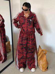 POPSWAY Bộ đồ 2 mảnh cỡ lớn mùa thu/đông gồm áo khoác dài tay in họa tiết giả denim và quần ống đứng dáng rộng in họa tiết giả denim, kiểu dáng thanh lịch, cổ điển, năng động, thích hợp cho kỳ nghỉ, thể thao hoặc sinh viên. - Màu Đỏ Sâu - Xem 3