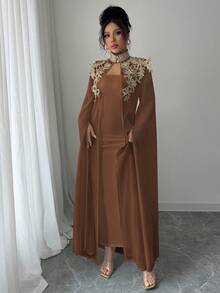 Rafferiza Women's Dignified, Elegant And Graceful Applique Decorated Robe And Dress Set - Coffee Brown - View 7