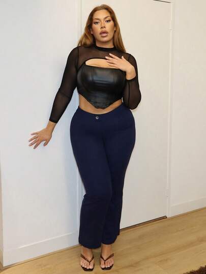 MelDlgn Quần ống đứng rộng rãi màu trơn thường ngày cho nữ cỡ lớn