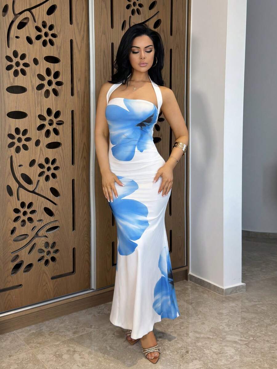 Vassilux 女式2025夏季露背系腰修身印花中长连衣裙 - 藍白色 - 查看 1