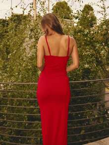 Aralina Women's Sexy Solid Color Hollow Out Spaghetti Strap Fitted Dress, Summer - Red - View 2