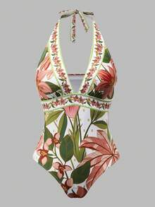Swim Oasis Women's Fashion Botanical Print Halter One-Piece Swimsuit + Skirt Beach Holiday Swimwear Set - Multicolor - View 4