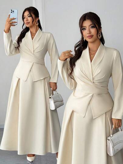 Elenzga Plus Size Women's New Elegant Spring/Summer 2-Piece Set, Ruffle Tie Blouse Long Sleeve Shirt Cardigan, Flared Romantic Skirt, Business Casual Commute Outfit, Refined Graceful Formal Set In Apricot Color