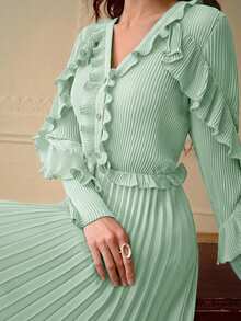 ZEYLAH Vestido midi con cuello en V, manga larga, volantes y pliegues - Verde Pastel - Ver 2