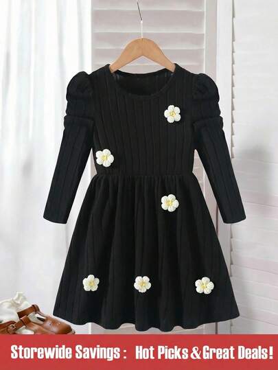 SHEIN 女童休闲可爱圆领插肩袖高腰短款纯色针织碎花连衣裙