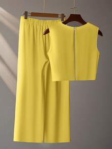 Franclia 法式高级时尚立体串珠无袖上衣搭配层叠阔腿裤夏季两件套 女士夏季服装 夏季两件套 夏季女装两件套 女士夏季套装 女士两件套服装 女士黄色套装 女士夏季套装 女士两件套服装 女士两件套 女士夏季两件套 女士套装 女士两件套服装 女士套装 无袖上衣搭配阔腿裤 - 鵝黃色 - 查看 2