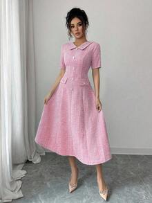 Elenzga Đầm midi nữ chất liệu vải dệt họa tiết, cổ áo, dáng chữ A, thắt eo, trang trí cúc giả ngọc trai kim loại, thiết kế túi thanh lịch, chất lượng cao cấp, thích hợp cho sinh nhật, hẹn hò, tiệc tùng, sự kiện trang trọng, tiệc cocktail, lễ hội âm nhạc, ngày Valentine, lễ hội hóa trang, tay ngắn. - Hồng - Xem 4