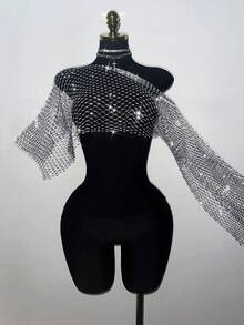 EgrlEra Women's Fishnet Rhinestone Cropped Top, Suitable For Holiday Party Outfits - Light Grey - View 5