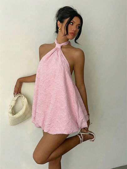 Aloruh Women's Romantic Vacation Pink Textured Fabric Mini Dress