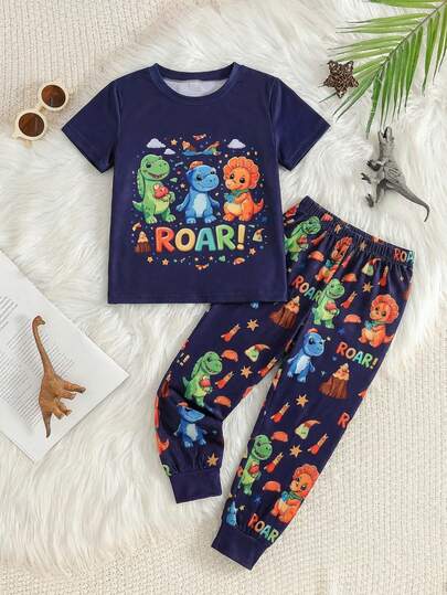 Conjunto de pijama set de 2 piezas de manga corta y pantalón con diversos estampados para niño pequeño