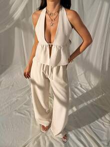 SHEIN EZwear Conjunto informal de top halter sin espalda y pantalones en color caqui - Caqui - Ver 6