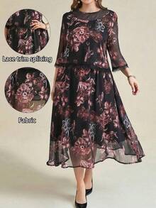 Rometta 女士优雅简约网纱蕾丝拼接花卉大码两件套连衣裙，带袖花卉连衣裙，女士优雅特殊场合连衣裙，蕾丝边连衣裙，女士蕾丝边连衣裙，女士花卉中长连衣裙，女士特殊场合连衣裙 - 彩色 - 查看 1