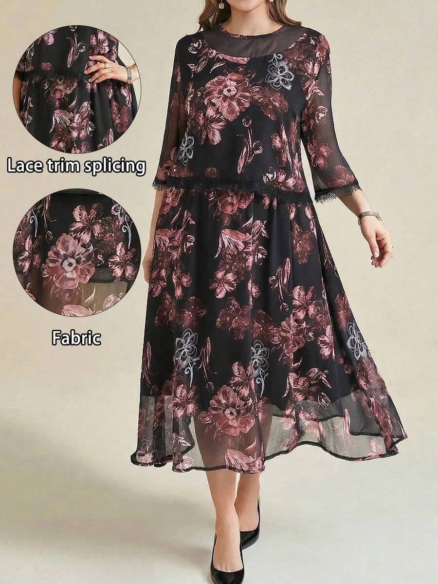 Rometta 女士优雅简约网纱蕾丝拼接花卉大码两件套连衣裙，带袖花卉连衣裙，女士优雅特殊场合连衣裙，蕾丝边连衣裙，女士蕾丝边连衣裙，女士花卉中长连衣裙，女士特殊场合连衣裙 - 彩色 - 查看 1
