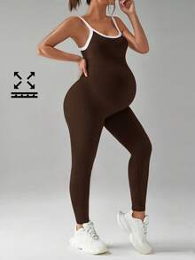 SHEIN 孕妇撞色休闲运动连体裤 - 咖啡棕 - 查看 1