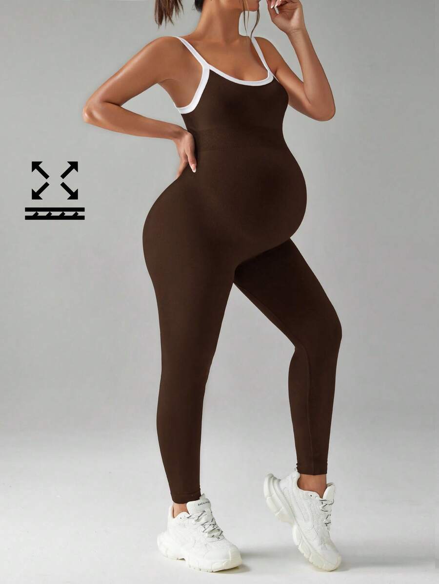 SHEIN 孕妇撞色休闲运动连体裤 - 咖啡棕 - 查看 1