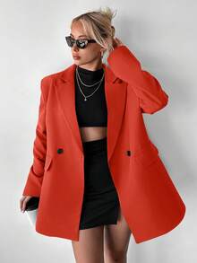 Ritzy Row Women's Casual Oversized Padded Shoulder Mid-Length Double-Breasted Blazer - Orange - View 4