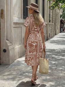 Hansera Vestido casual de manga corta con estampado francés todo sobre para mujer - Marrón - Ver 2