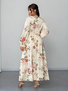 Elenzga Plus Size Women's White Boho Floral Print Flowy Maxi Dress,Lantern Sleeve Autumn Holiday Tea Party Wedding Sundress, Scoop Neck Casual Outfit - Multicolor - View 2