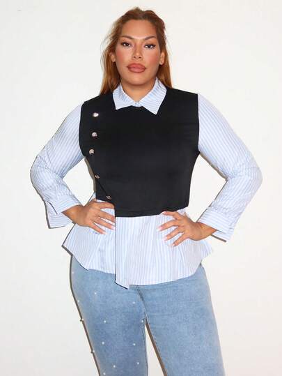 MelDlgn Regalyn 大码女式撞色条纹长袖时尚二合一衬衫