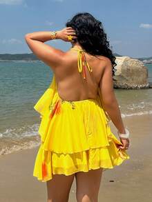 Sunnyshic 性感雪纺镂空露背吊带音乐节连衣裙 - 黃色 - 查看 2