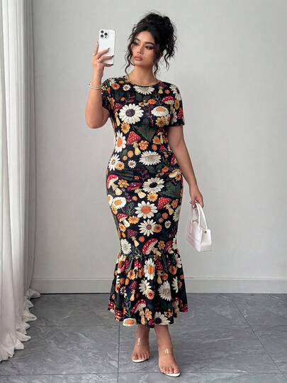 Elenzga June Release Plus Size Women's Floral Print Elastic Knit Dress, Round Neck Short Sleeve Fitted Dress