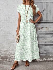 EMERY ROSE Casual Minimalist Versatile Pattern Women's Summer Dress - Green - View 5