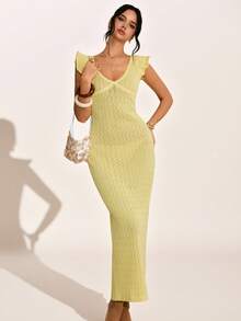 Poéselle New Slim-Fit Delicate French Style Knit Dress With Flutter Sleeves, Elegant & Intellectual, Light Yellow, Spring/Summer - Yellow - View 2