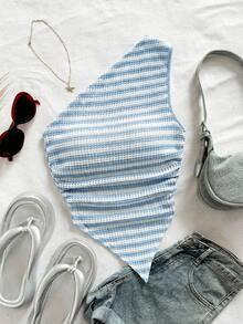 Soleia Đầm mini ôm sát cơ thể màu đen trắng dệt kim họa tiết bất đối xứng, phần ngực xoắn bồng bềnh, viền bèo nhún, eo thắt, thích hợp cho kỳ nghỉ của nữ. - Màu xanh nhạt - Xem 1