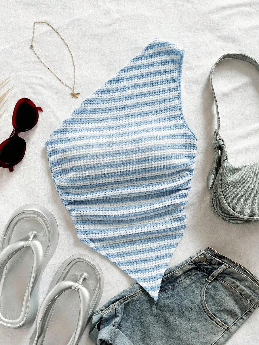 Soleia Đầm mini ôm sát cơ thể màu đen trắng dệt kim họa tiết bất đối xứng, phần ngực xoắn bồng bềnh, viền bèo nhún, eo thắt, thích hợp cho kỳ nghỉ của nữ. - Màu xanh nhạt - Xem 1