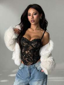 SHEIN PETITE Áo hai dây ren xuyên thấu gợi cảm, thích hợp cho tiệc tùng, hẹn hò, đi làm, áo lót dễ thương, áo gợi cảm đi club, áo corset, áo không dây, áo đi chơi, áo mùa hè, áo dễ thương, áo mùa hè cho nữ, áo ren, áo corset, áo khoác ngoài cho mùa thu/đông, áo ren gợi cảm, áo corset cho nữ. - màu đen - Xem 6