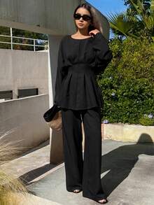 Livesso 秋冬季宽松商务休闲时尚街头风荷叶边收腰办公服套头衫搭配直筒休闲裤套装，优雅两件套，女士 - 黑色 - 查看 3