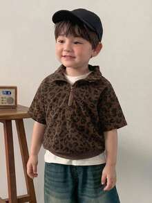 DAZY Baby Boys' Korean Style Loose Fit Leopard Print Collar Long Sleeve Top Summer - Coffee Brown - View 3