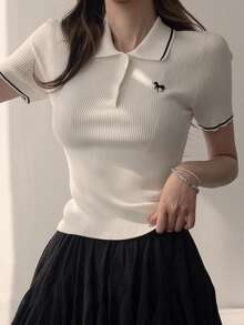 DAZY Women's Unicorn Embroidered Polo Collar Short Sleeve Casual Knit Top Summer - White - View 6