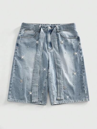 ROMWE MEN Distressed Vintage Rhinestone Embellished Loose Fit Men's Casual Shorts