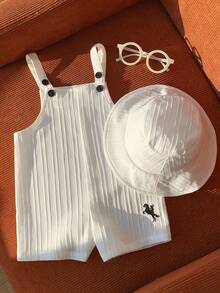 SHEIN 男女宝宝通用款白色休闲百搭连体衣套装，包含围兜裤和遮阳帽，适合春夏季居家或户外穿着。 - 白色 - 查看 4