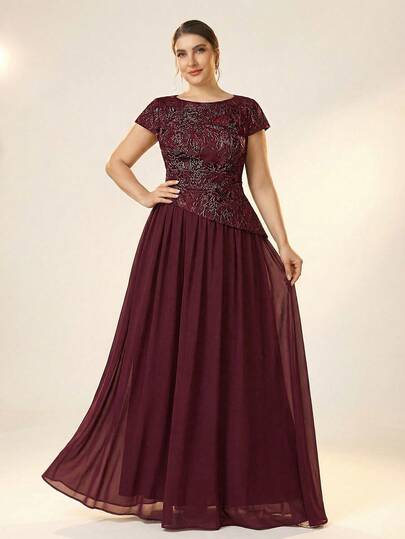Serin Plus Size Elegant Romantic Wine Red Luxury Jacquard & Chiffon Flared Dress, Suitable For Wedding, Party, Vacation, Ball, Mother Of The Bride Formal Gown