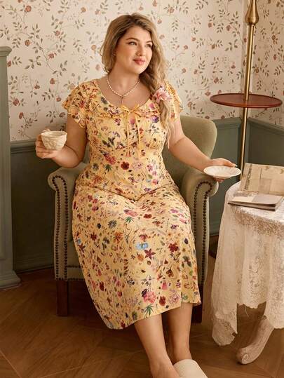 SHEIN Plus Size Women's Yellow Base Colorful Floral Digital Print Round Neck Double-Layer Ruffle Trim Bow Tie Soft Comfortable Rib Knit Fabric Flare Sleeve Midi Dress, Casual Countryside Style Can Be Worn As Sleepwear