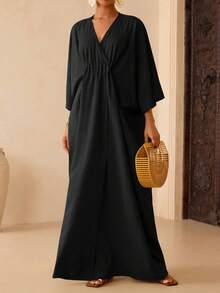 Vesra Đầm nữ màu trơn tay cánh dơi kiểu dáng thường ngày - màu đen - Xem 5