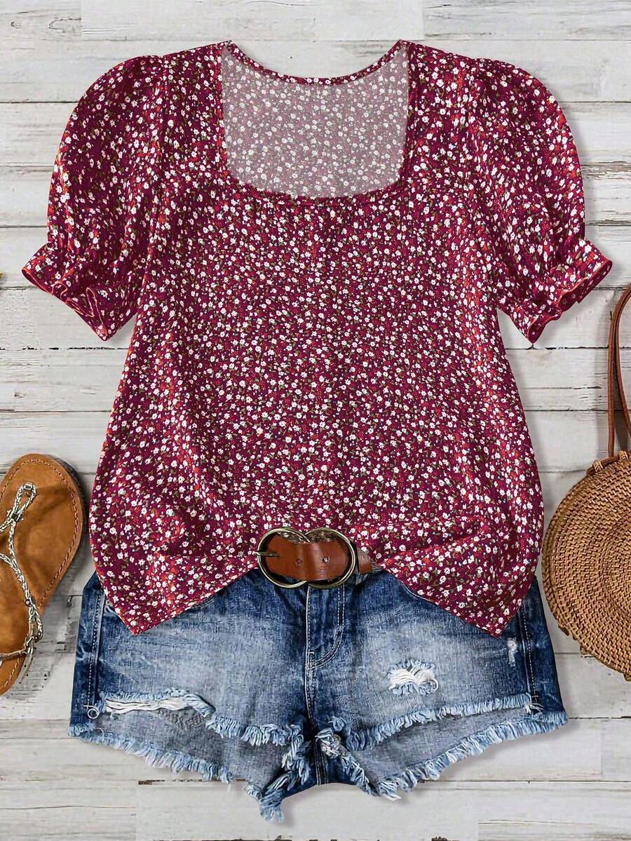 EMERY ROSE Women's Casual Vacation Ditsy Floral Petal Sleeve Blouse Boho Outfit For Women Women S Summer Outfits Womens Tops For Summer Summer Casual Tops - Burgundy - View 1