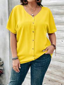 Rosumi Plus Size Women's Orange Button Embellished Short Sleeve Shirt For Spring - Pale Yellow - View 3