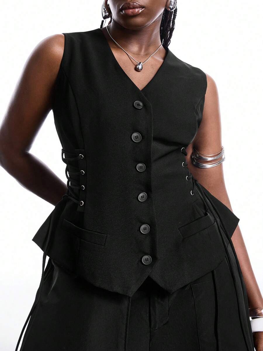 LYSMO Chaqueta de vestir casual versátil de mujer talla grande con cuello en V, abotonadura sencilla y diseño de ojales con lazo - Negro - Ver 1