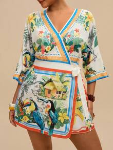 Travachic Jumpsuit Romper Kasual Wanita Ukuran Besar Model V-Neck Motif Bunga Warna Cokelat untuk Olahraga Musim Gugur - MultiWarna - View 3
