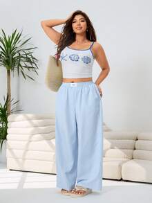 SHEIN EZwear 大码女式条纹休闲百搭阔腿裤，适合日常穿着 - 彩色 - 查看 2
